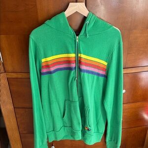 Aviator Nation Green Hooded Sweater with Multicolor Stripes size XL